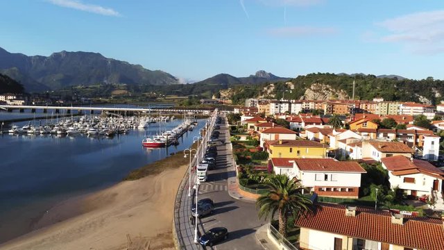 Ribadesella, coastal village of Asturias,Spain. Aerial Drone Footage