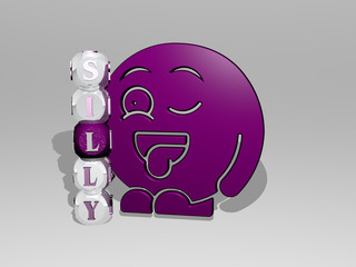 3D representation of SILLY with icon on the wall and text arranged by metallic cubic letters on a mirror floor for concept meaning and slideshow presentation for illustration and cartoon