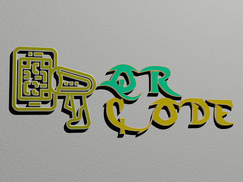 3D representation of QR CODE with icon on the wall and text arranged by metallic cubic letters on a mirror floor for concept meaning and slideshow presentation for illustration and business