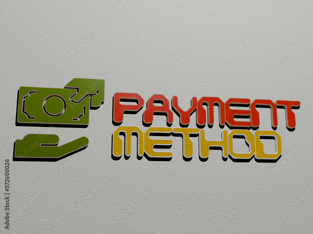 Poster 3d illustration of payment method graphics and text made by metallic dice letters for the related me
