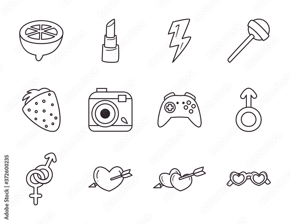 Poster pop art line style set icons vector design