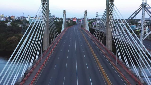 Aerial Drone Flyover of an Empty Puente Juan Pablo Duarte Bridge on an Overcast Day during COVID 19 in Dominican Republic