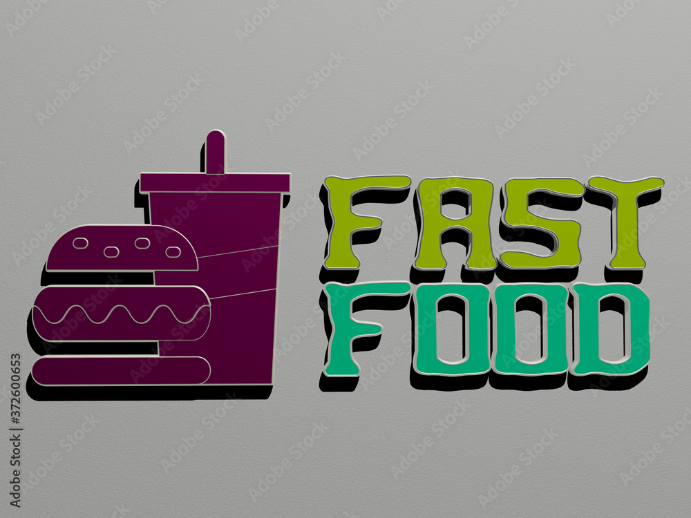 Poster 3d graphical image of fast food vertically along with text built by metallic cubic letters from the 