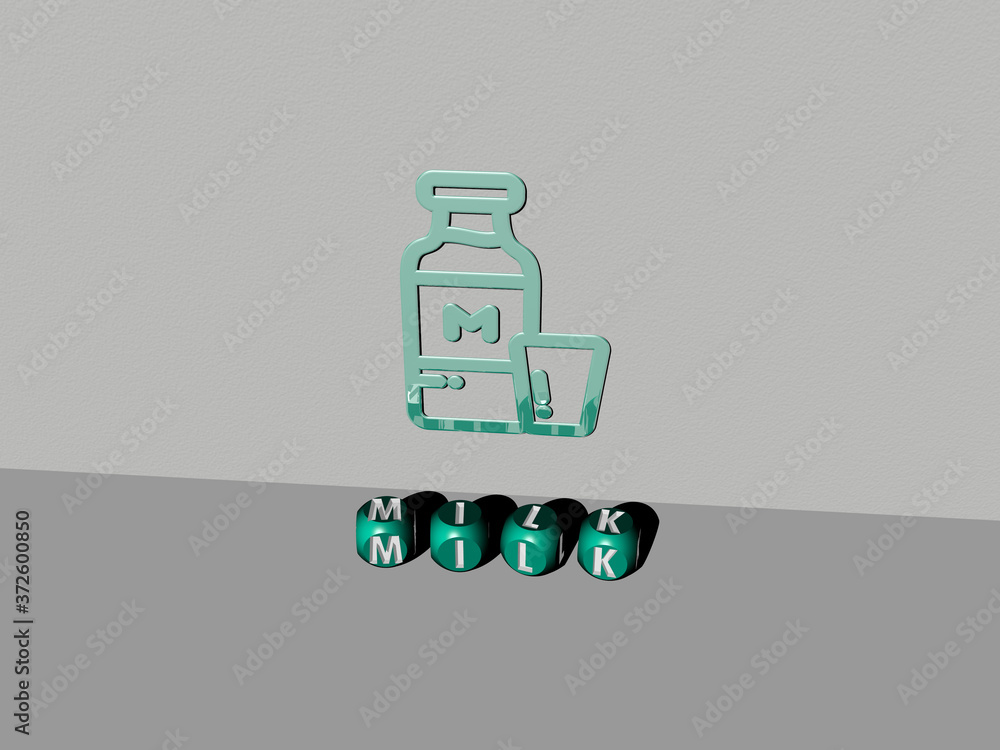 Poster 3d representation of milk with icon on the wall and text arranged by metallic cubic letters on a mir