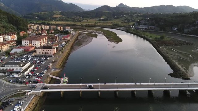 Bridge in Ribadesella, coastal village of Asturias,Spain. Aerial Drone Footage