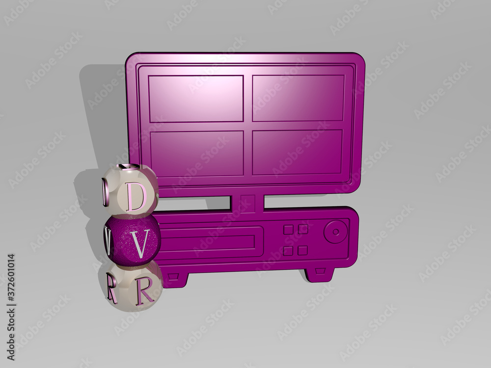 Poster 3d graphical image of dvr vertically along with text built around the icon by metallic cubic letters