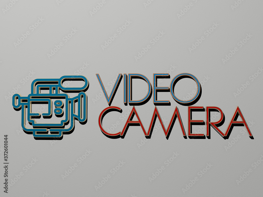 Poster 3d representation of video camera with icon on the wall and text arranged by metallic cubic letters 