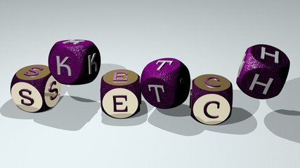 SKETCH text by dancing dice letters, 3D illustration for hand and background