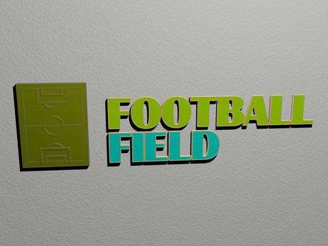 3D representation of FOOTBALL FIELD with icon on the wall and text arranged by metallic cubic letters on a mirror floor for concept meaning and slideshow presentation for illustration and soccer