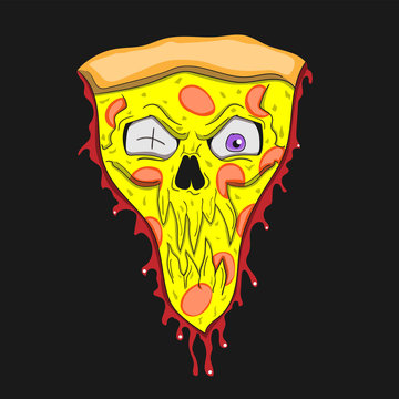 Pizza is a zombie cartoon character on a black isolated background. Vector image