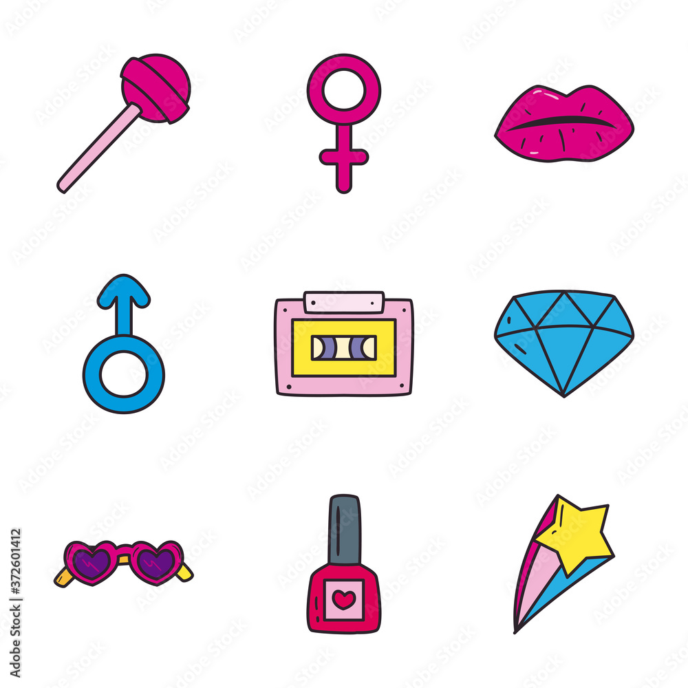 Poster pop art line and fill style icon set vector design
