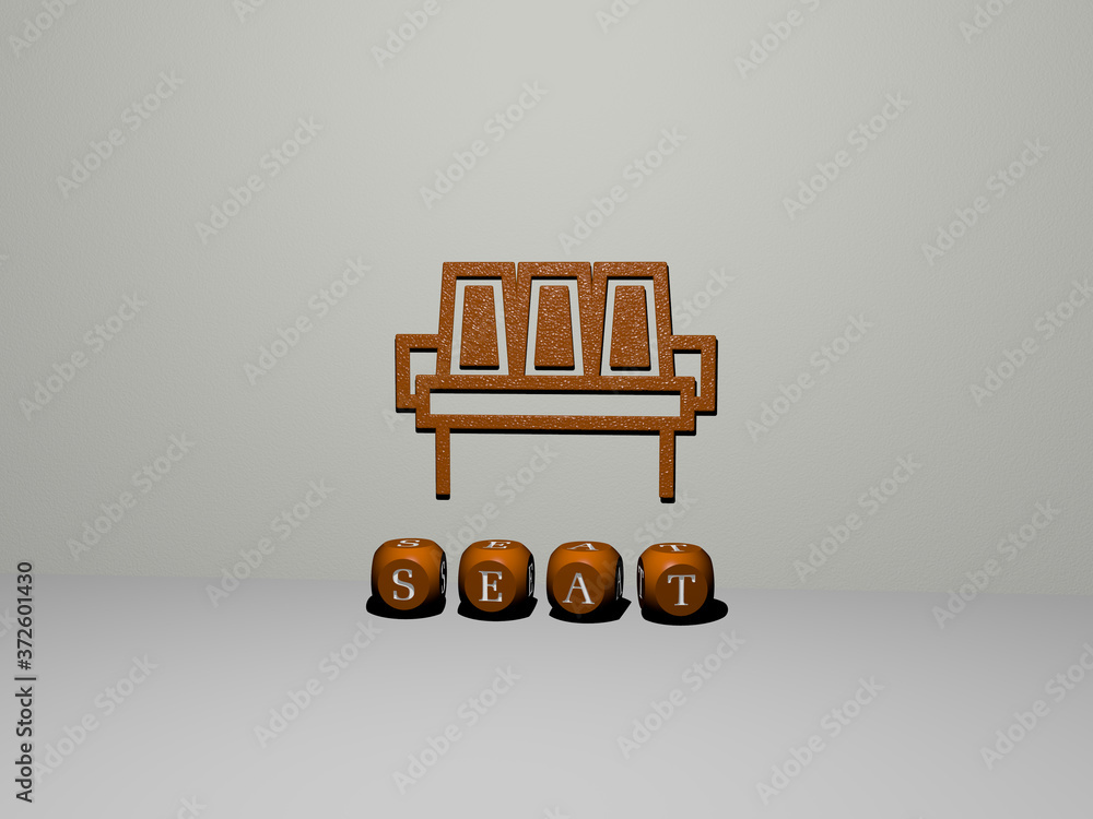 Poster 3d representation of seat with icon on the wall and text arranged by metallic cubic letters on a mir