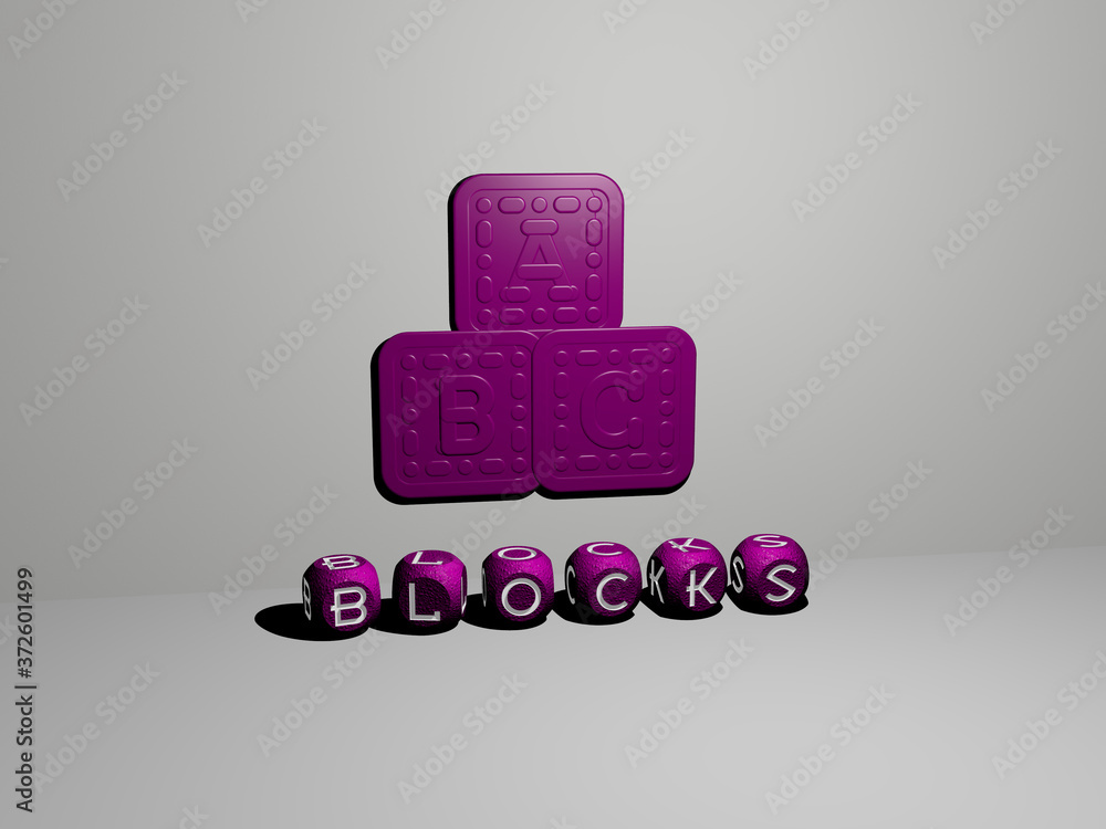Poster blocks 3d icon on the wall and text of cubic alphabets on the floor, 3d illustration for background 