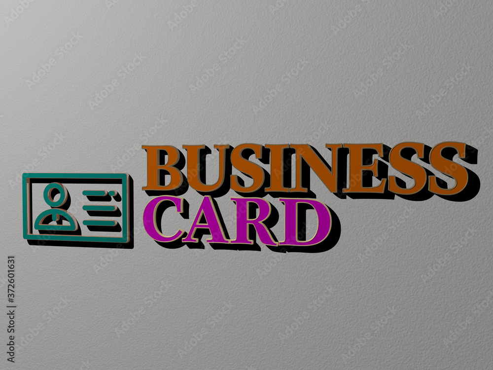 Poster 3d graphical image of business card vertically along with text built by metallic cubic letters from 