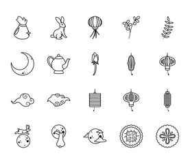 Mid autumn harvest moon festival line style icons bundle vector design