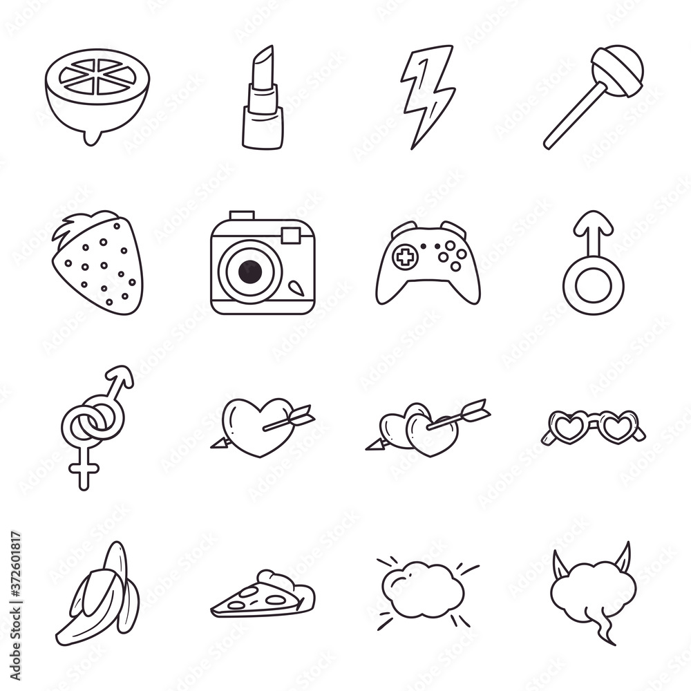 Poster pop art line style collection of icons vector design