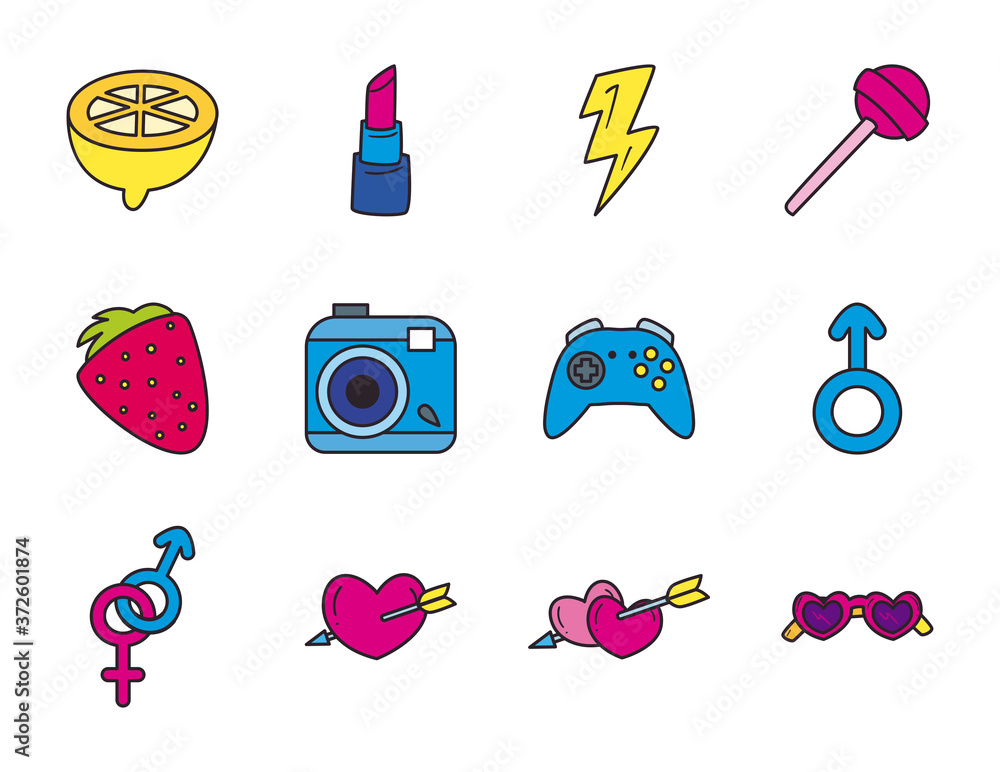 Poster pop art line and fill style set icons vector design