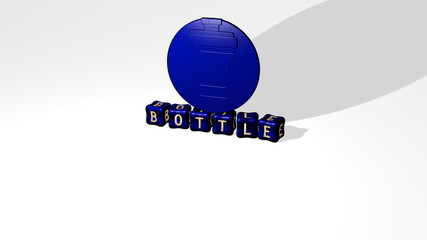 bottle 3D icon object on text of cubic letters, 3D illustration for background and glass