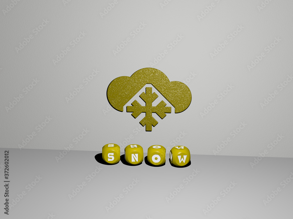 Poster 3d graphical image of snow vertically along with text built by metallic cubic letters from the top p