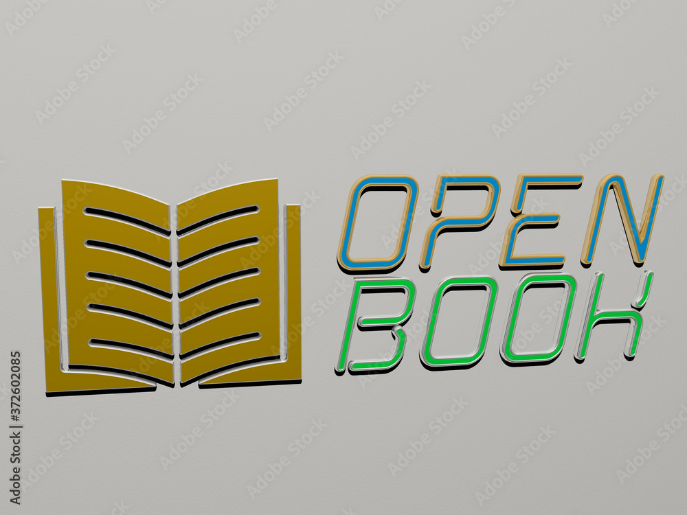 Aufkleber 3d illustration of open book graphics and text made by metallic dice letters for the related meaning