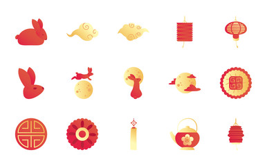 Mid autumn harvest moon festival gradient style set of icons vector design