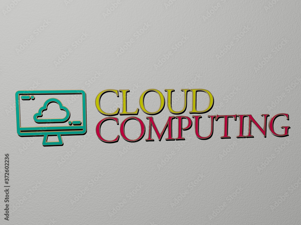 Poster 3d illustration of cloud computing graphics and text made by metallic dice letters for the related m