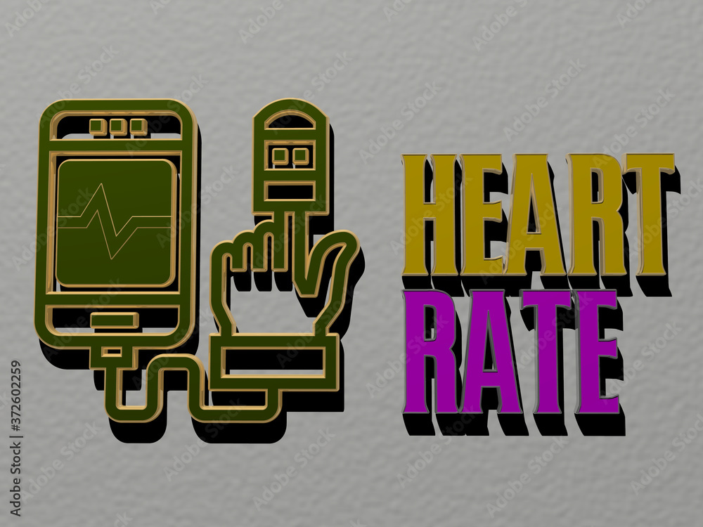 Poster 3d representation of heart rate with icon on the wall and text arranged by metallic cubic letters on