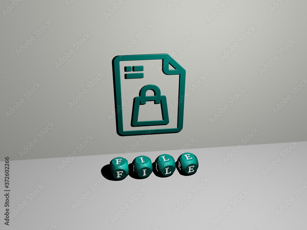 Poster file 3d icon on the wall and text of cubic alphabets on the floor, 3d illustration for background an
