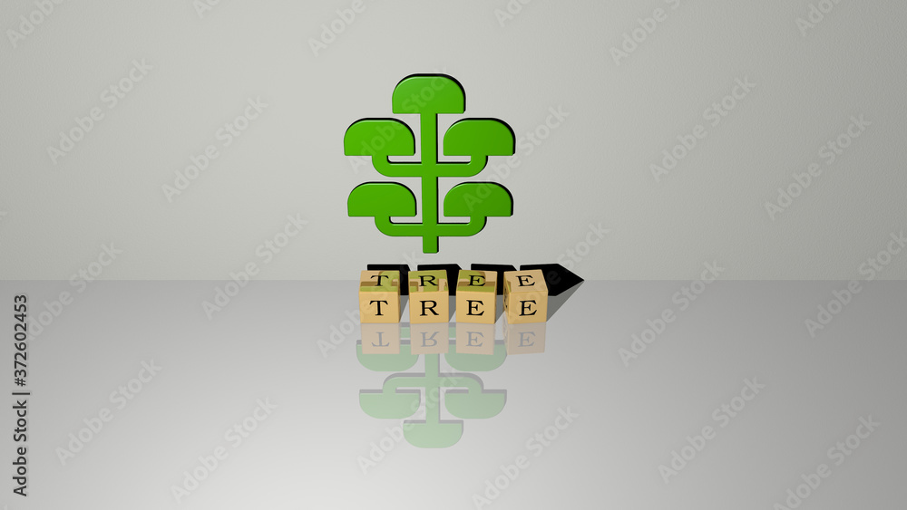 Poster tree text of cubic dice letters on the floor and 3d icon on the wall, 3d illustration for background