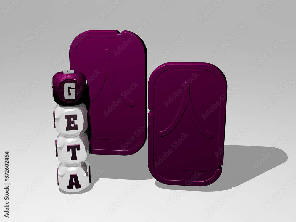 Poster 3d illustration of geta graphics and text around the icon made by metallic dice letters for the rela