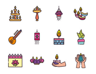 diwali line and fill style set icons vector design
