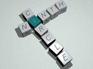 ninth circle crossword by cubic dice letters, 3D illustration for editorial and background