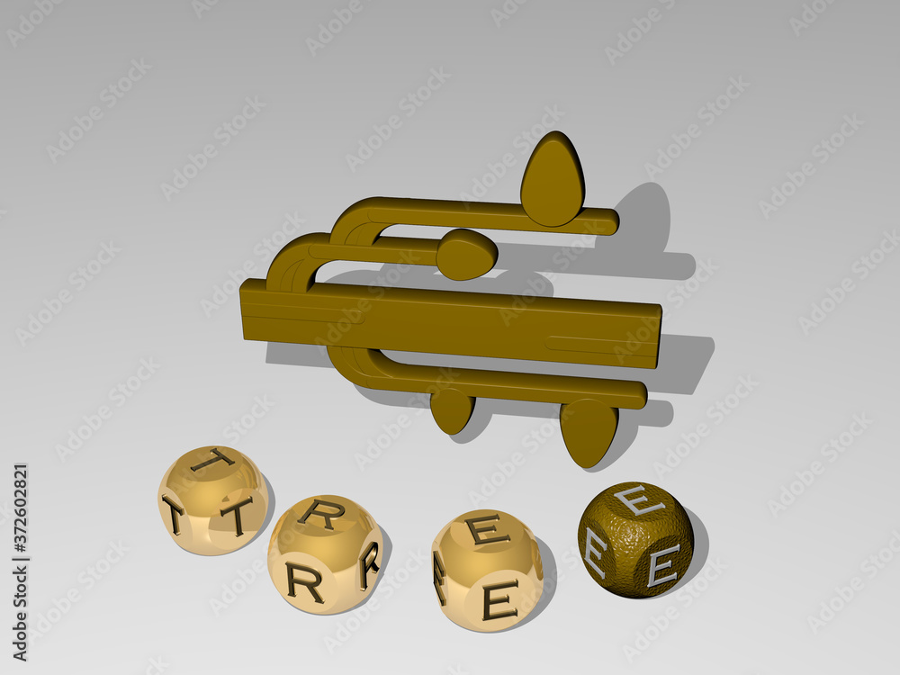 Poster tree round text of cubic letters around 3d icon, 3d illustration for background and christmas