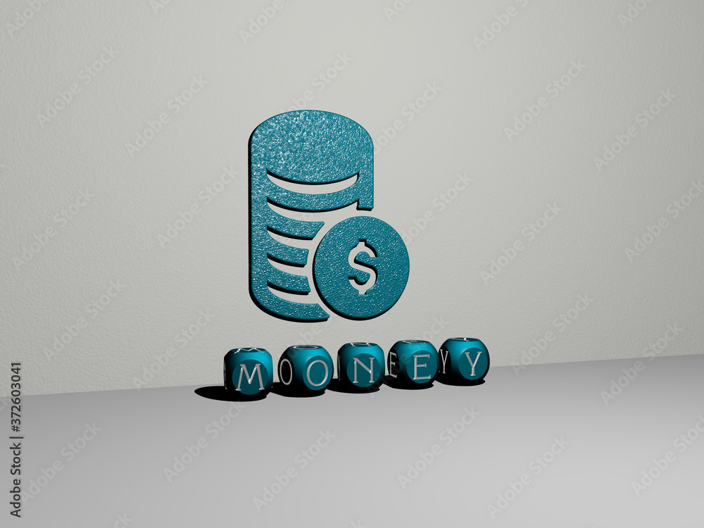 Poster 3d illustration of money graphics and text made by metallic dice letters for the related meanings of