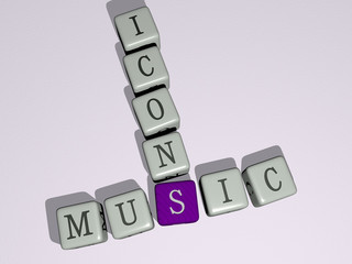 music icons crossword by cubic dice letters, 3D illustration for background and design