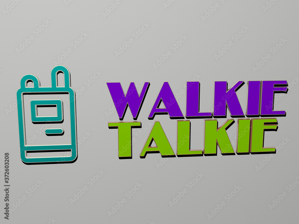 Poster 3d representation of walkie talkie with icon on the wall and text arranged by metallic cubic letters