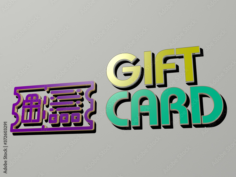 Poster 3d representation of gift card with icon on the wall and text arranged by metallic cubic letters on 