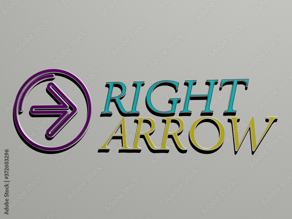 Poster 3d graphical image of right arrow vertically along with text built by metallic cubic letters from th