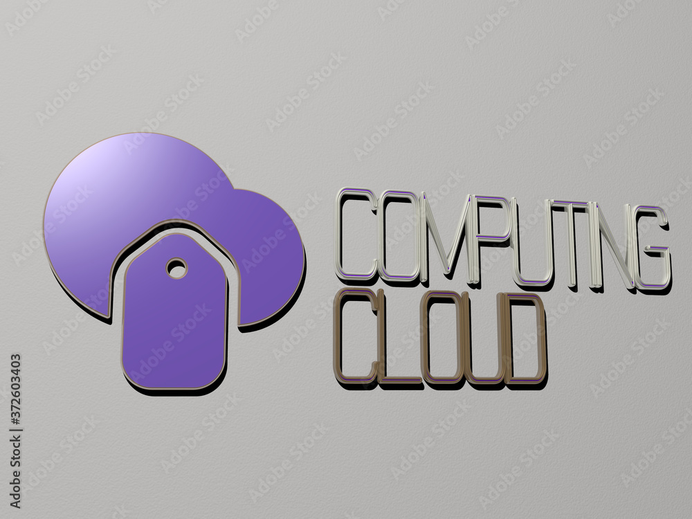 Poster computing cloud icon and text on the wall, 3d illustration for computer and concept