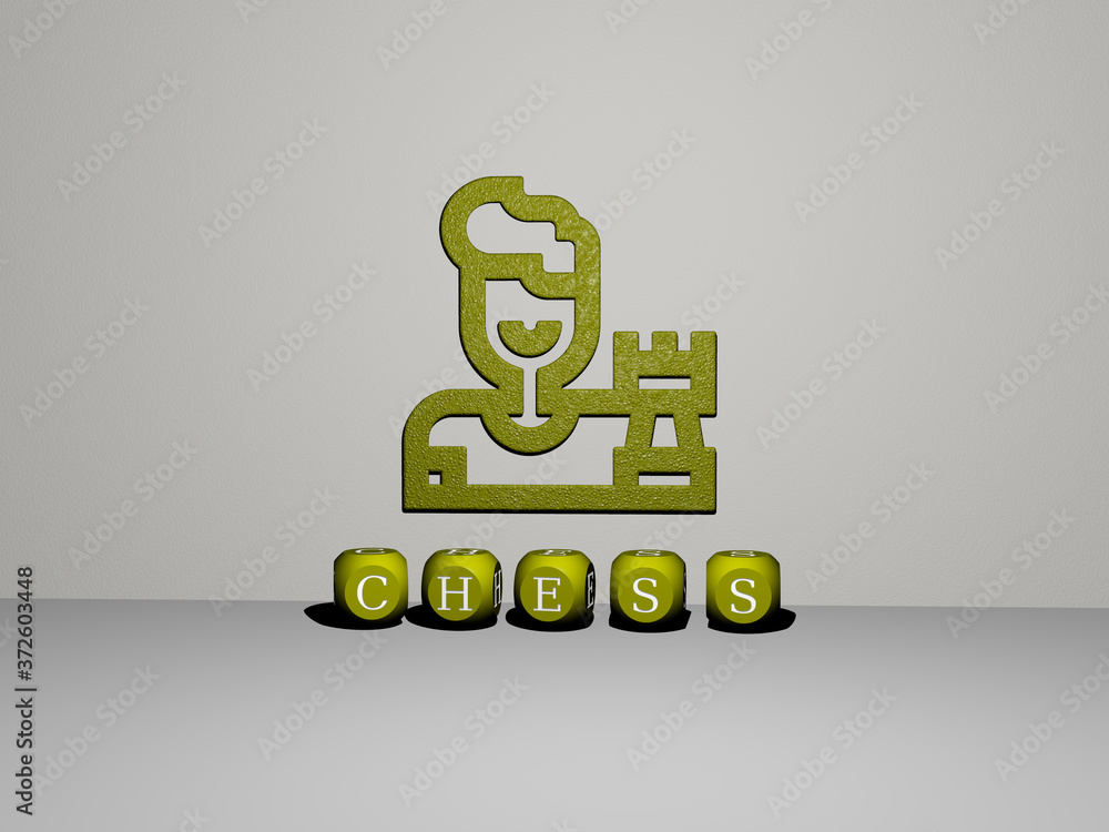Poster 3d representation of chess with icon on the wall and text arranged by metallic cubic letters on a mi