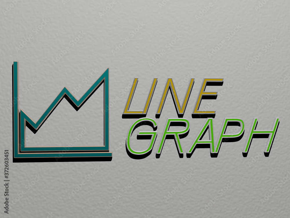 Poster 3d graphical image of line graph vertically along with text built by metallic cubic letters from the