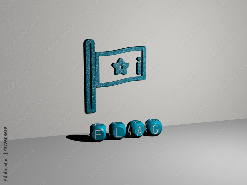 Poster 3d representation of flag with icon on the wall and text arranged by metallic cubic letters on a mir