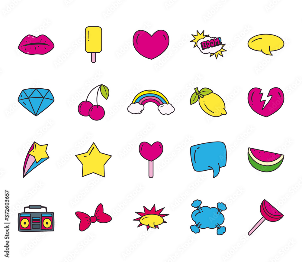 Poster pop art line and fill style icons bundle vector design
