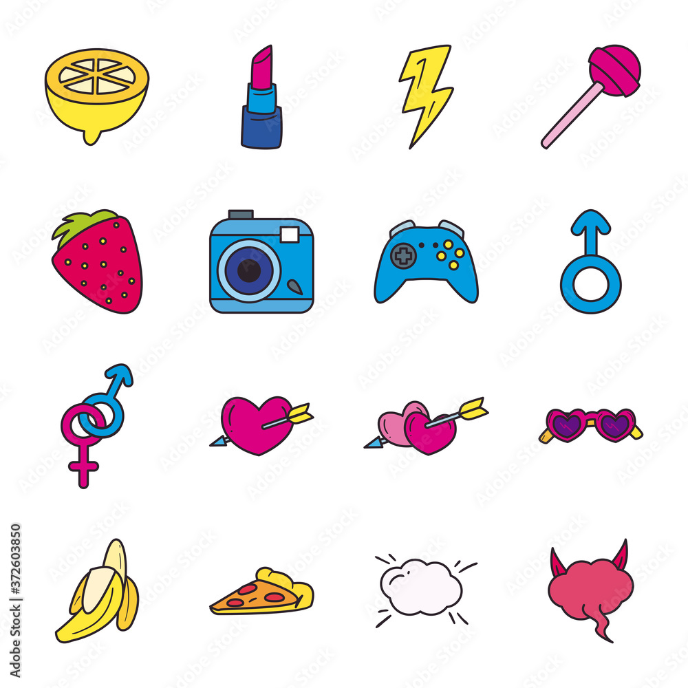 Poster pop art line and fill style collection of icons vector design