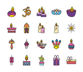diwali line and fill style icons bundle vector design