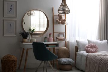 Teenage girl's bedroom interior with stylish furniture. Idea for design