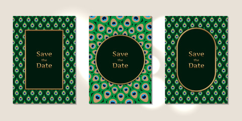 Wedding invitation cards peacock feathers pattern with gold frame template