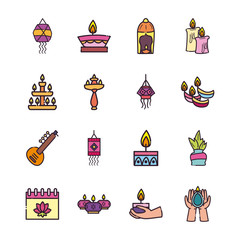 diwali line and fill style icons collection vector design