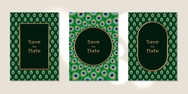 Wedding invitation cards peacock feathers pattern with gold frame template