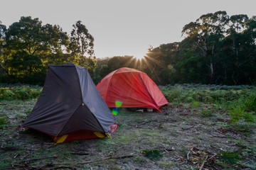 Red tent (Sunrise) in the morning frosty